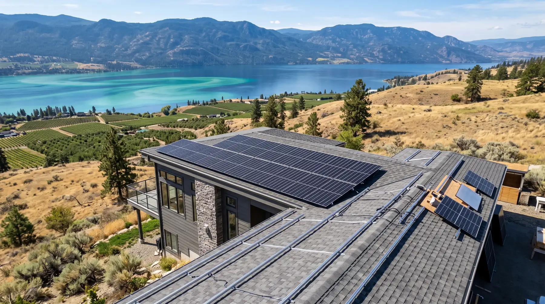 Installers fitting solar panels to a house roof in the Okanagan