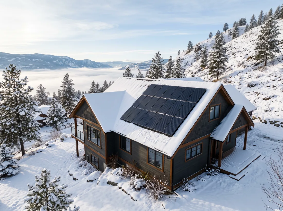 Snow-covered roof with solar panels clear of snow in winter sunlight